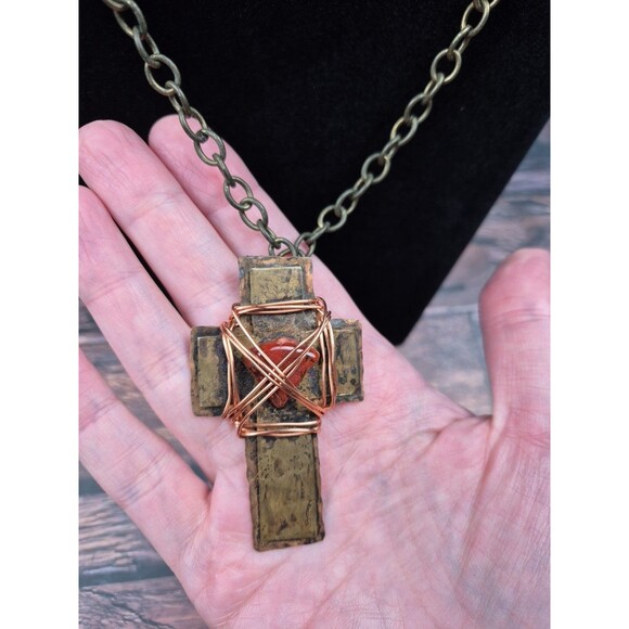 Handmade Copper Wire Wrapped Cross Necklace Red Gemstone Signed 26" Toggle Clasp - Picture 2 of 8